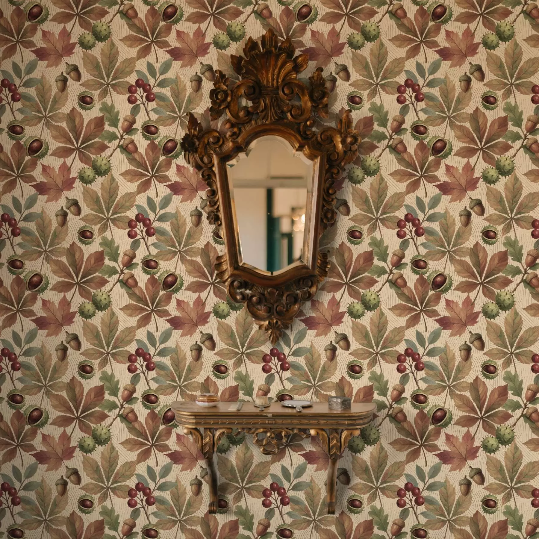 peintures murales Feuilles d'automne, glands et baies sur fond beige a00754