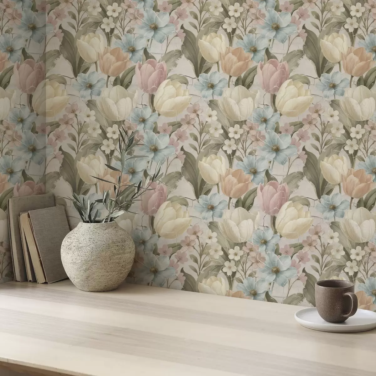 Papier peint Tulipes et fleurs pastel sur fond clair craquelé a00756