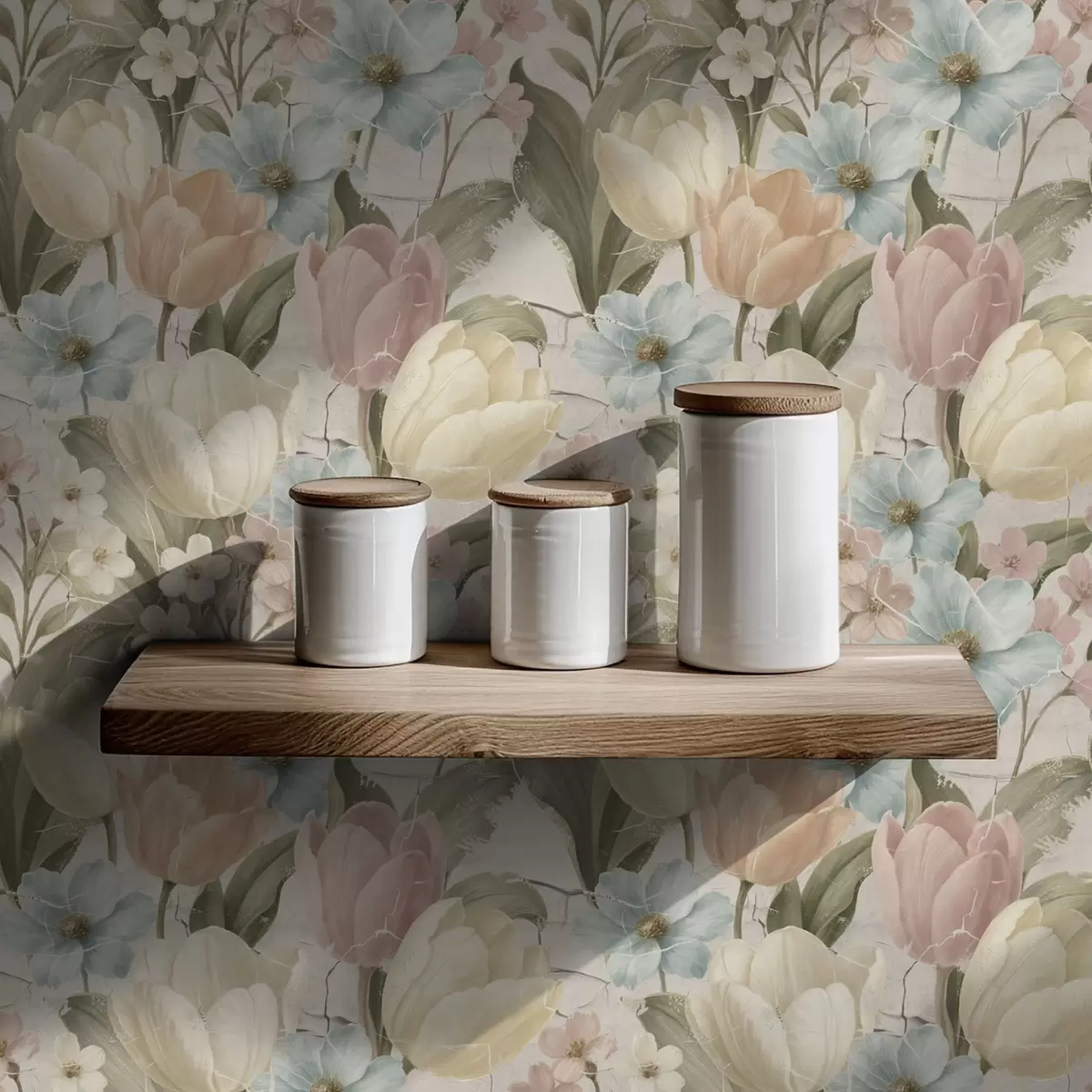 Wallpaper Pastel tulips and flowers on light cracked background a00756