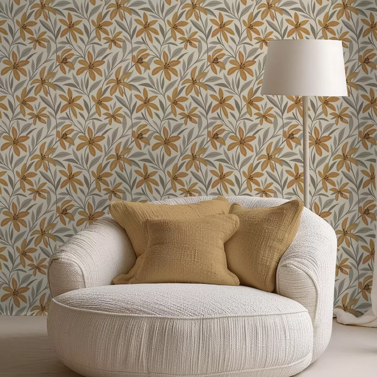 Papier peint Lys jaunes et feuilles gris-vert sur fond clair a00757