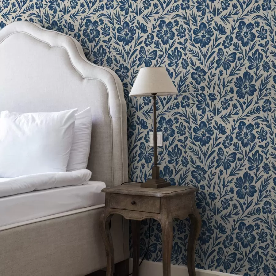 peintures murales Ornement floral bleu avec papillons a00758