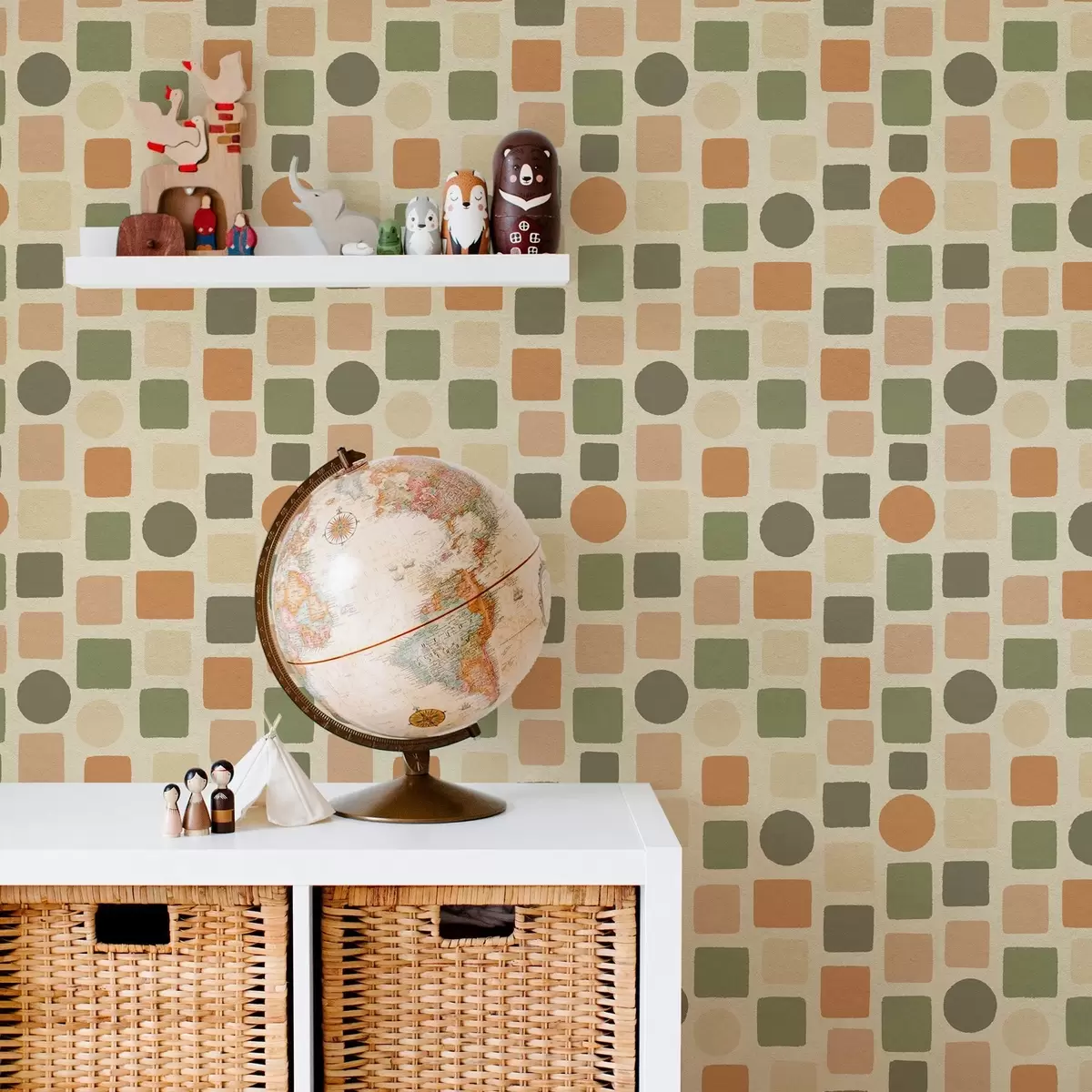 Papier peint Motif géométrique composé de carrés et de cercles dans des tons chauds a00759