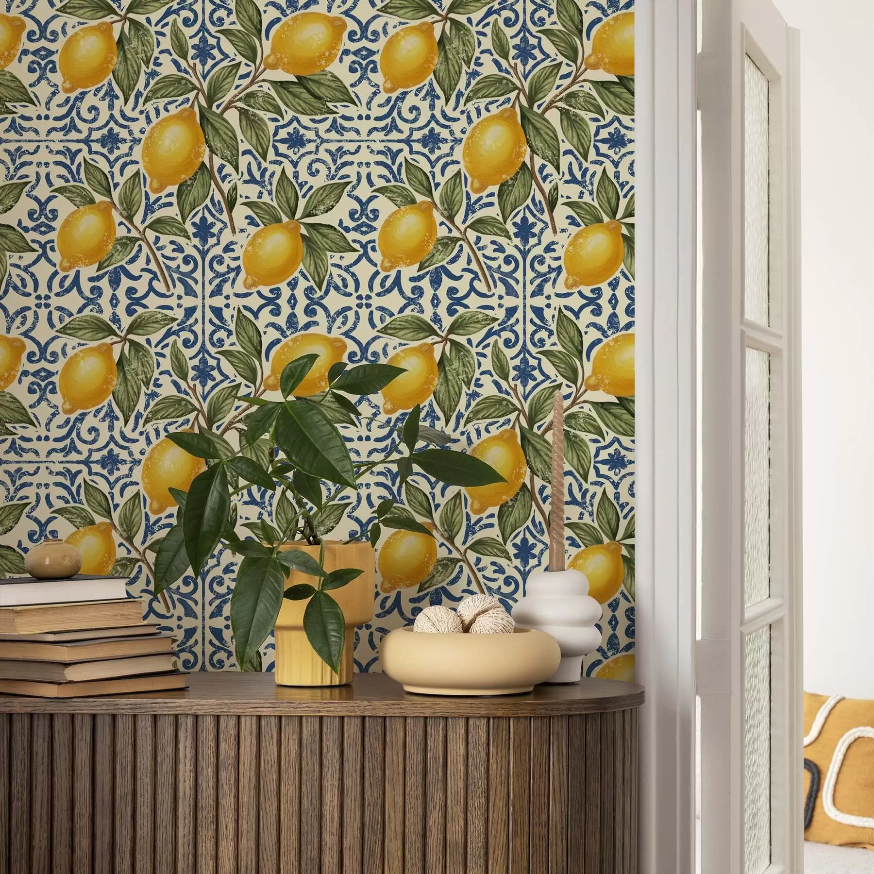 wall murals Lemon branches with blue ornamental background a00763