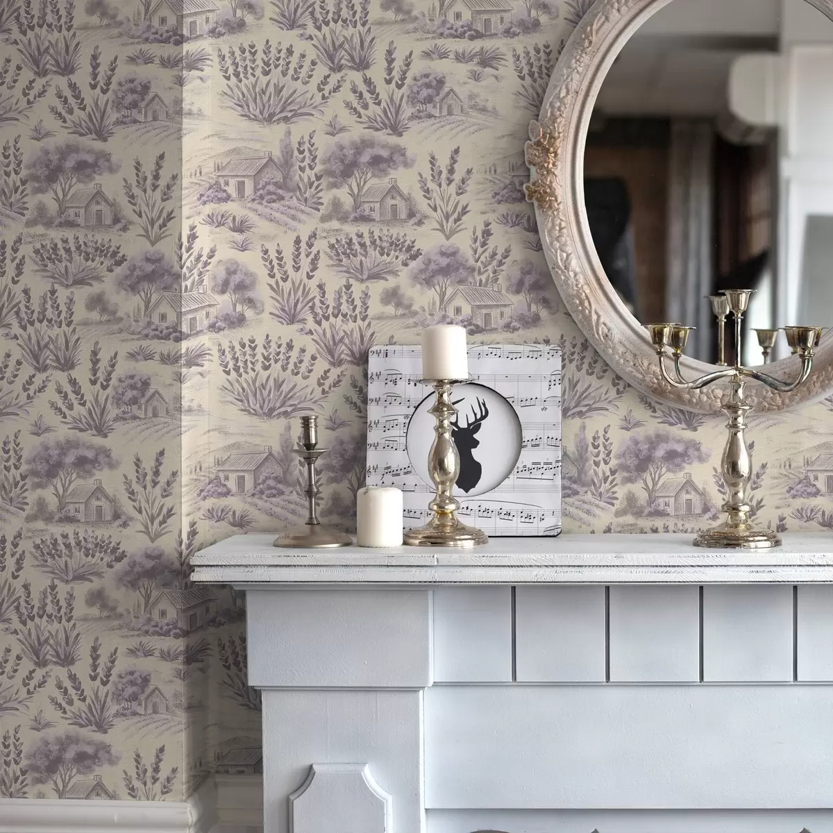 Papier peint Champs de lavande et maisons aux tons pastel a00765