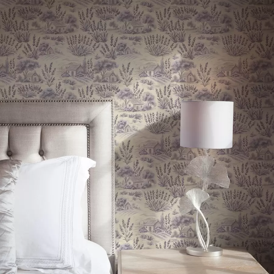 murales Campos de lavanda y casas en tonos pastel a00765