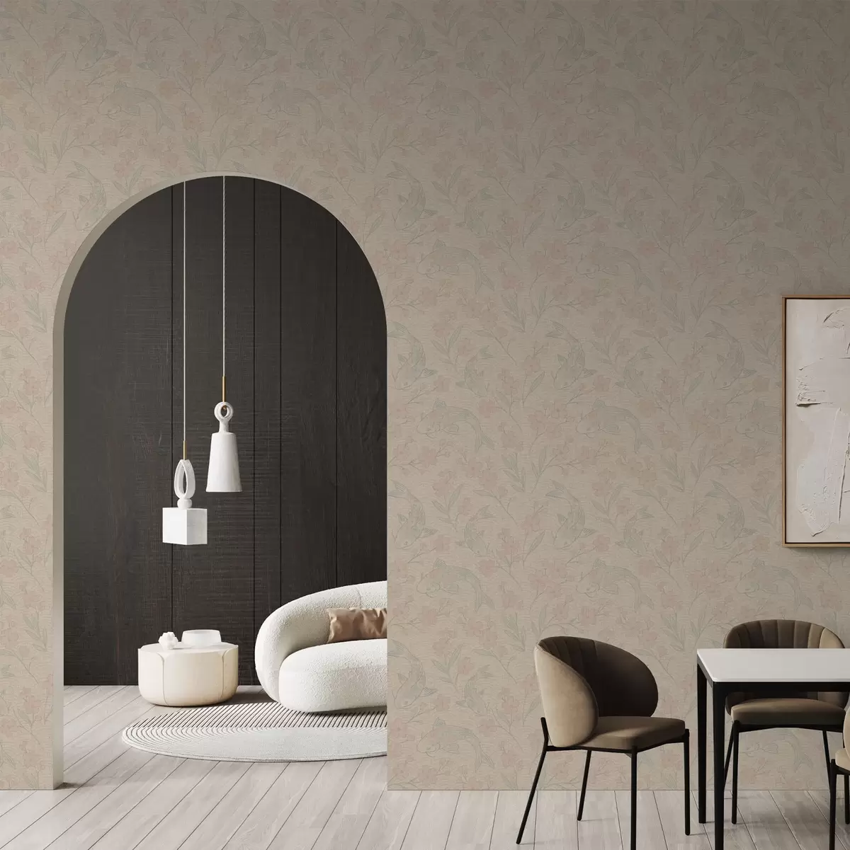 Wallpaper Carps among flowers in soft beige-pink shades a00766