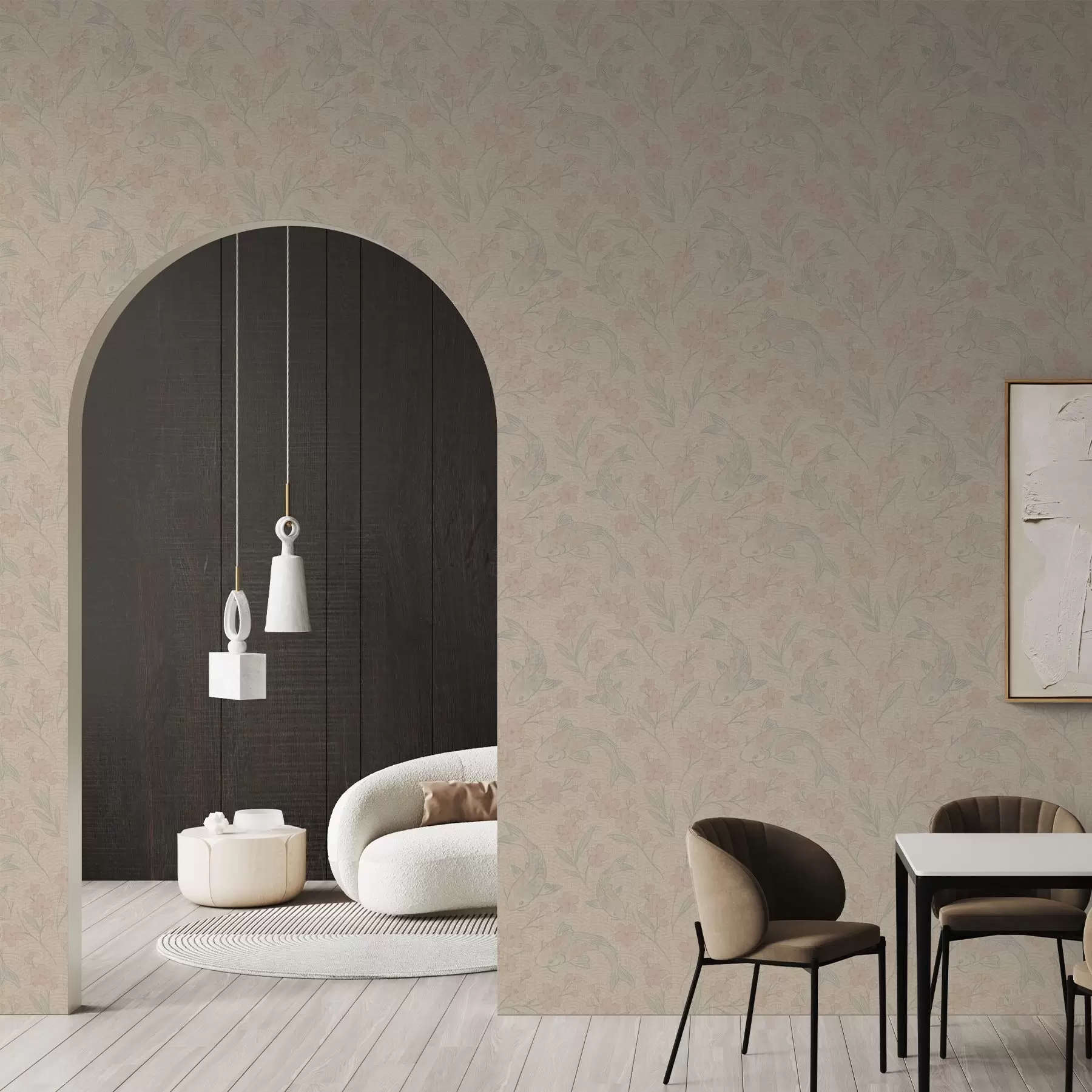 peintures murales Carpes parmi les fleurs dans des tons doux beige-rose a00766