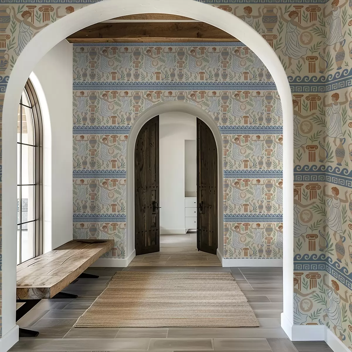 Papier peint Ornement grec antique avec des personnages, des vases et des colonnes a00768