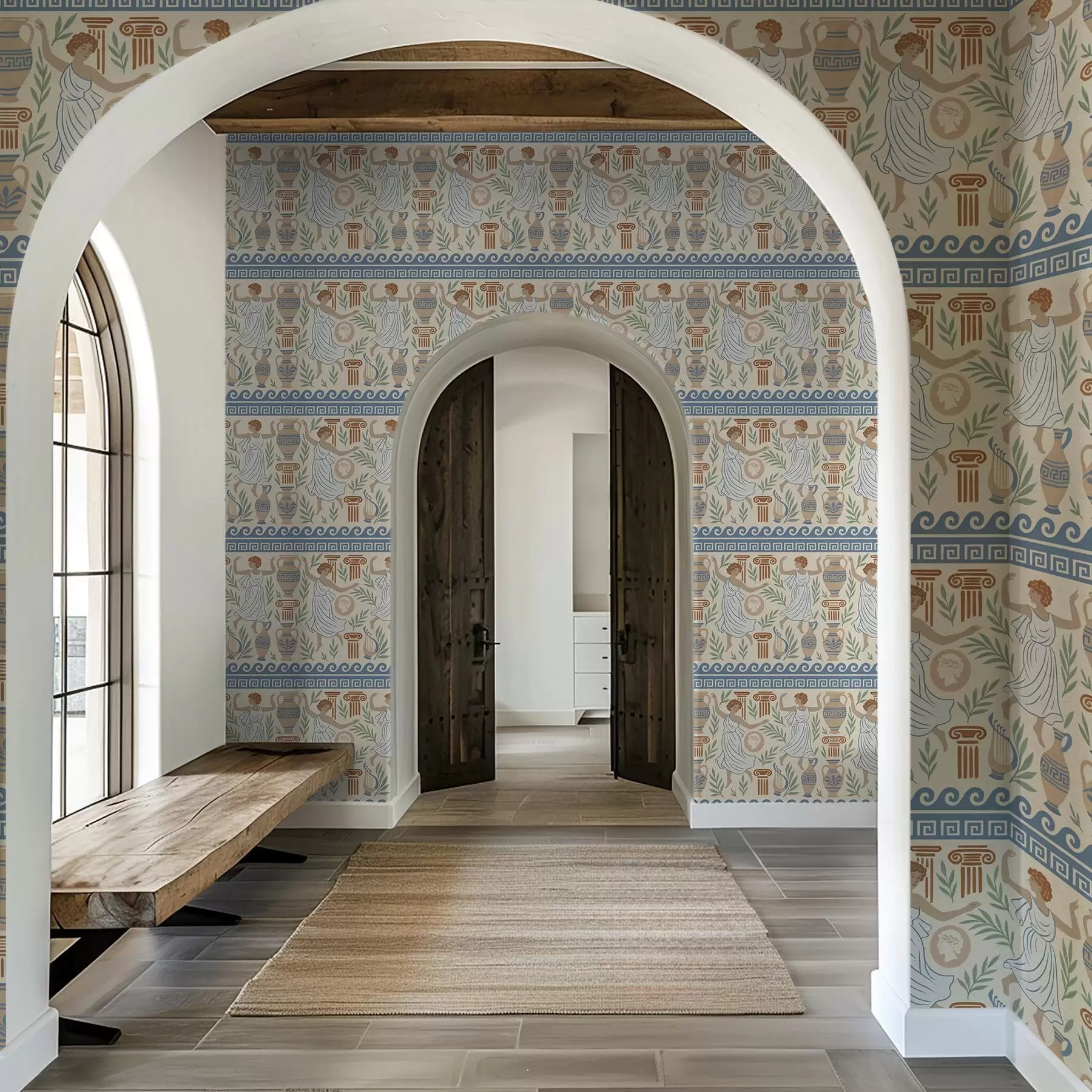 Wall Mural Photo Wallpaper Ancient Greek ornament with figures, vases, and columns a00768