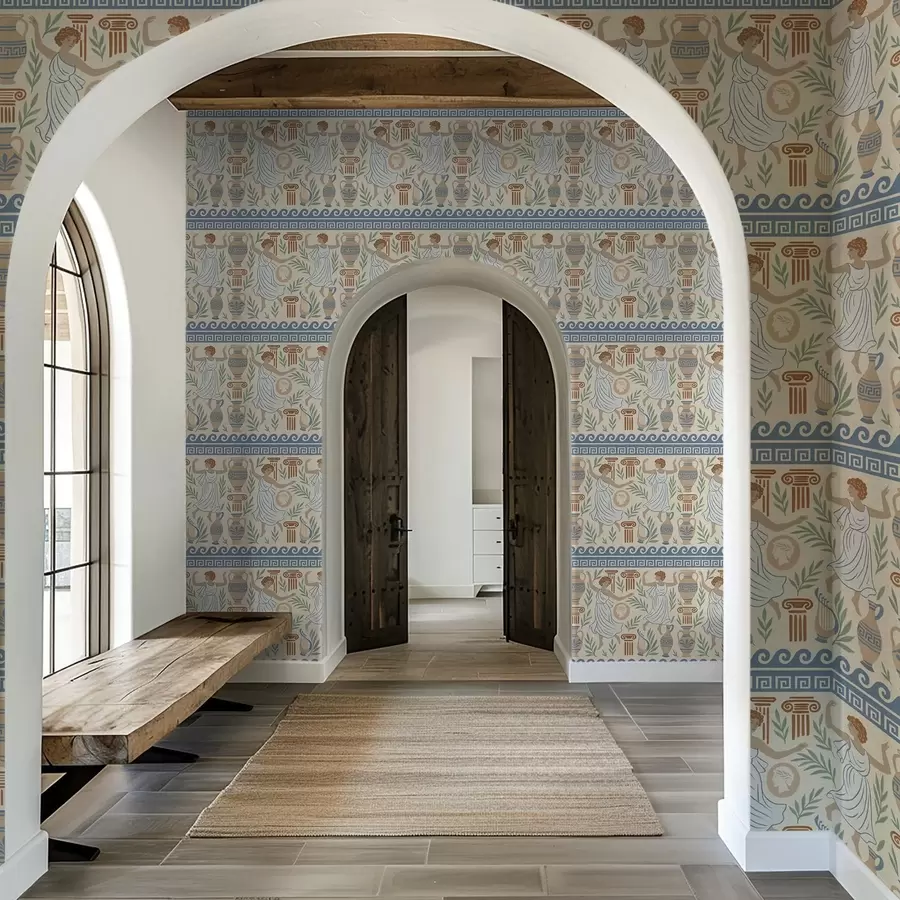 murales Adorno griego antiguo con figuras, jarrones y columnas a00768