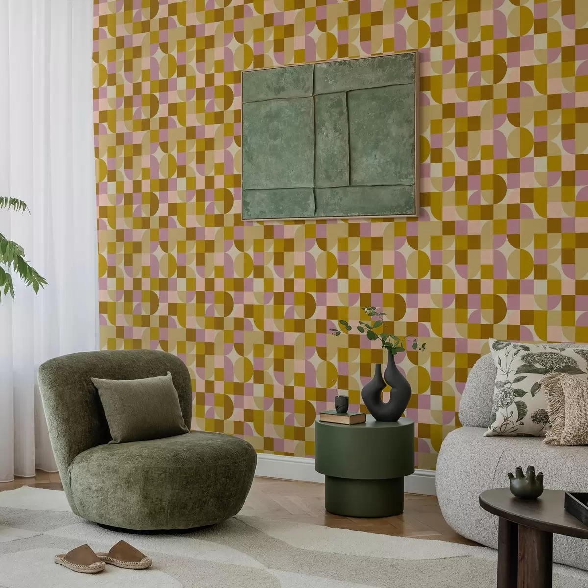 Wallpaper Modular geometry in pink and mustard shades a00770v1