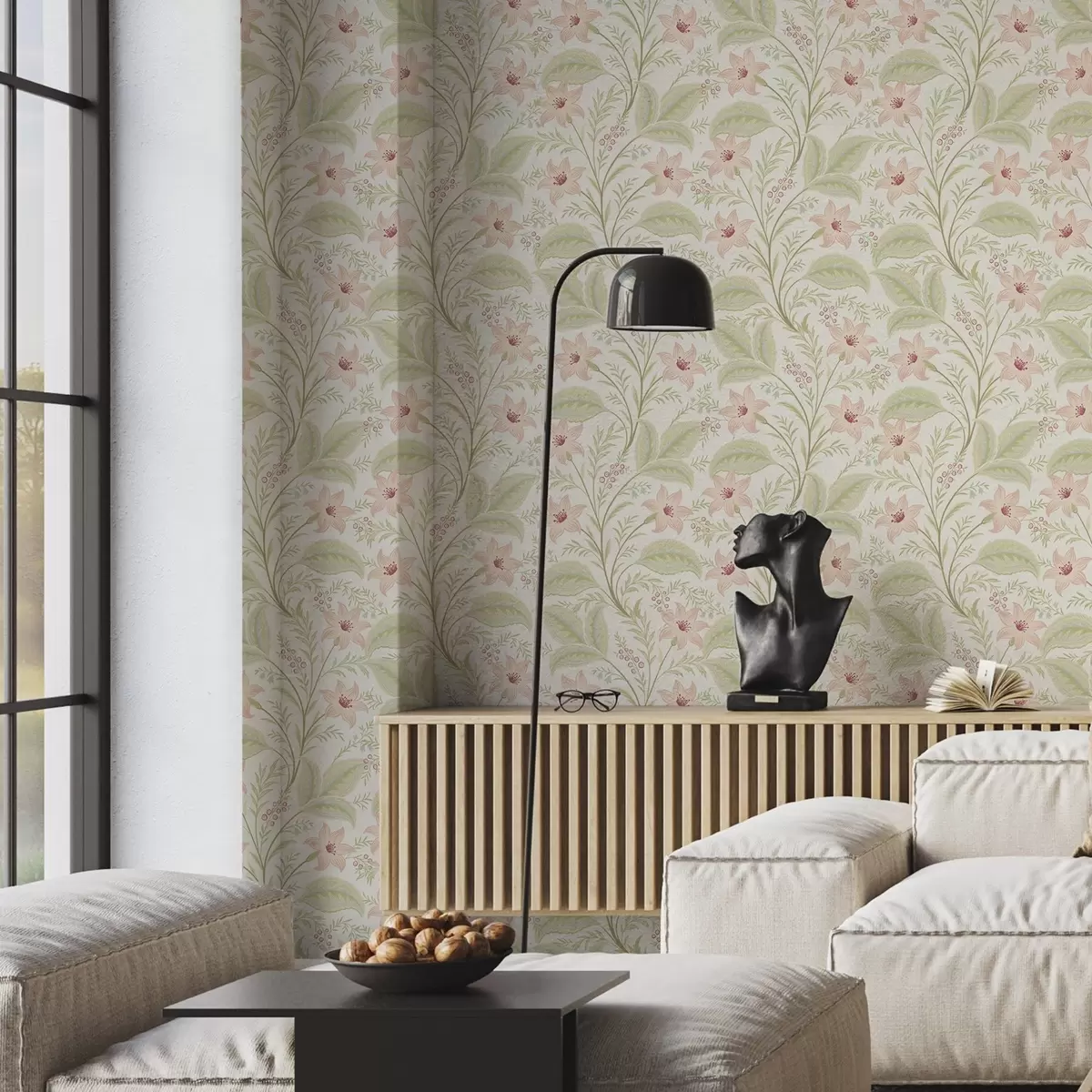 Wallpaper Delicate flowers and leaves in pastel tones a00771