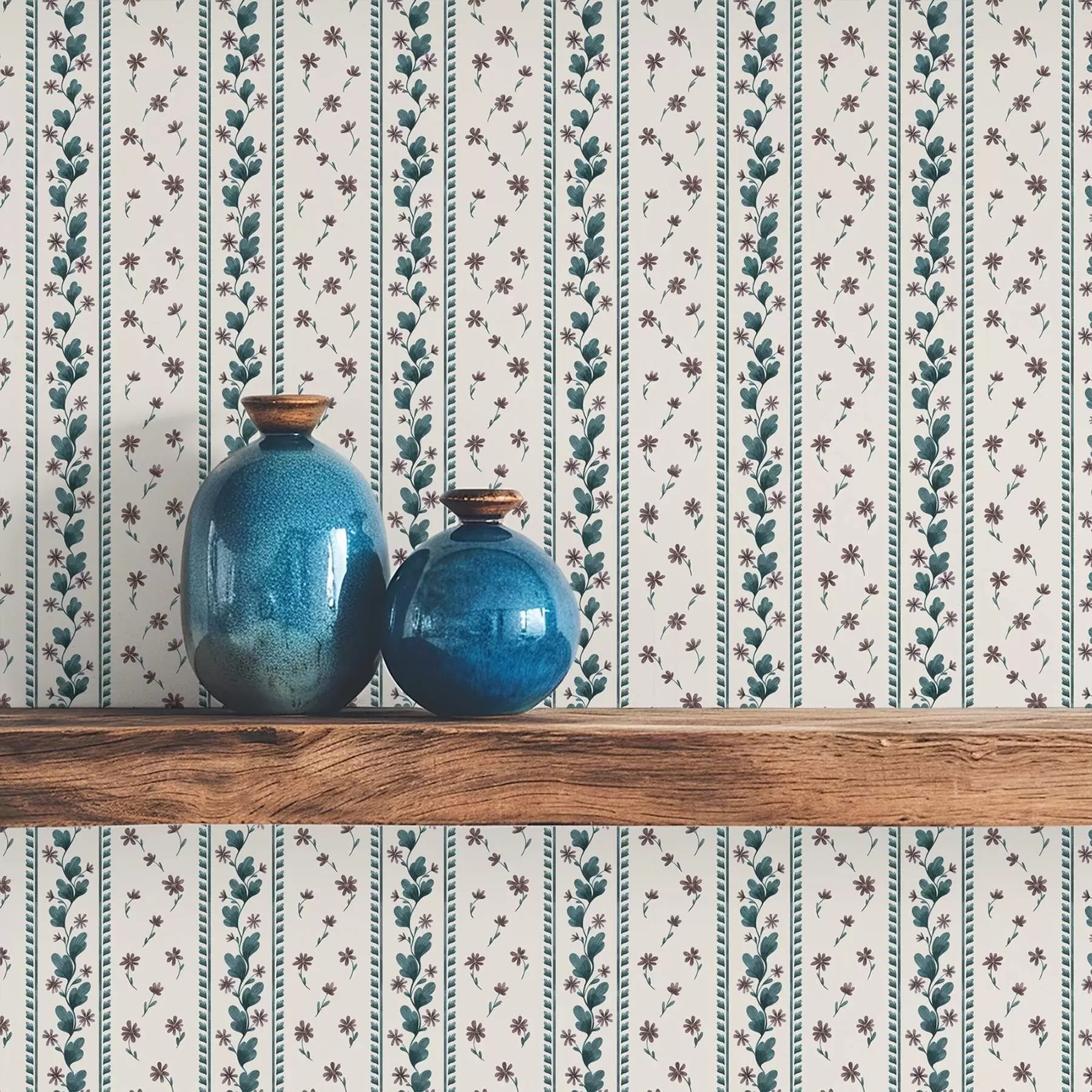 peintures murales Rayures florales verticales dans les tons bleu-marron a00811