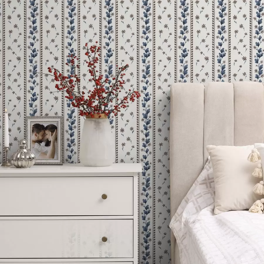 murales Rayas florales verticales en tonos azul y marrón a00811v2