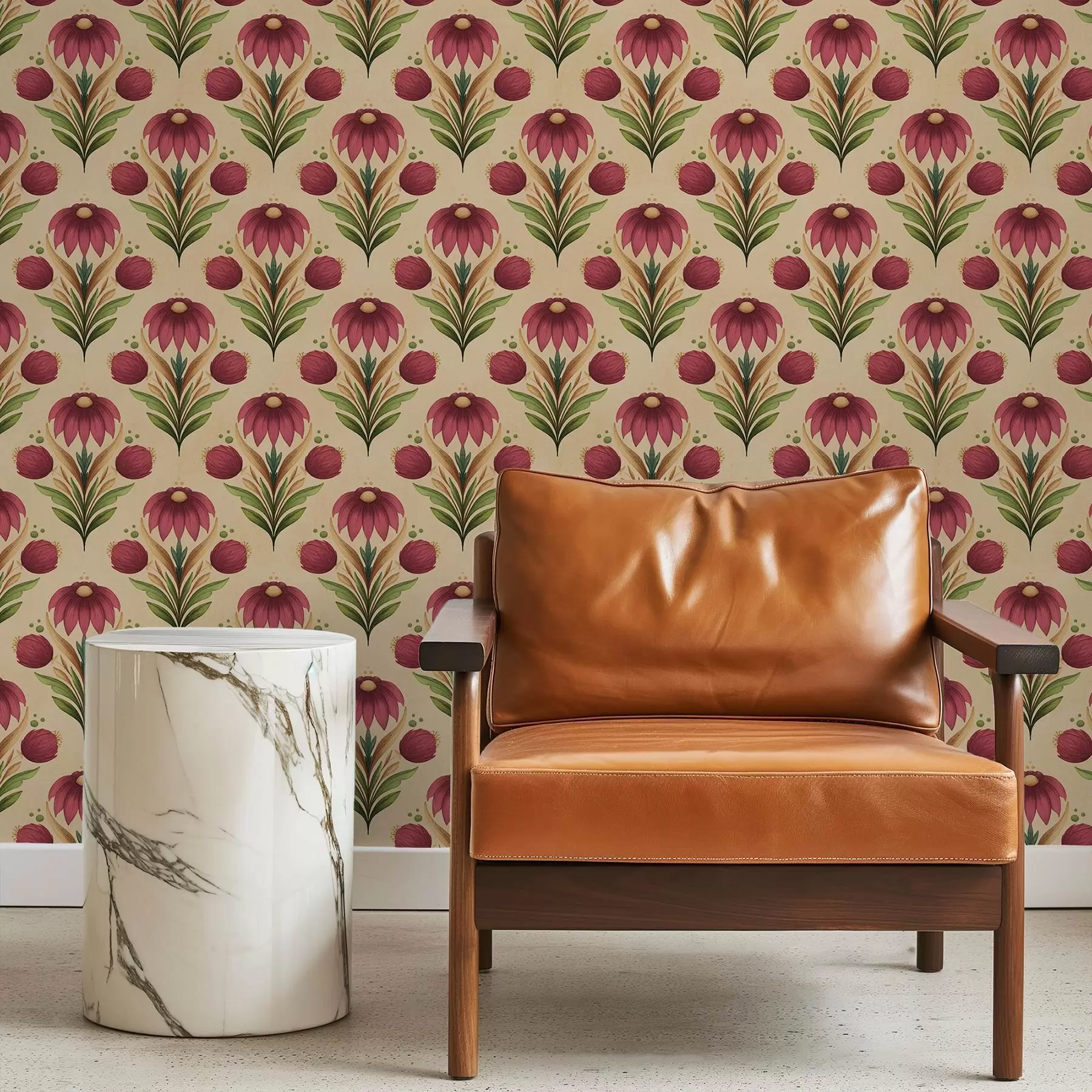 peintures murales Motif floral symétrique sur fond beige chaud a00812v6