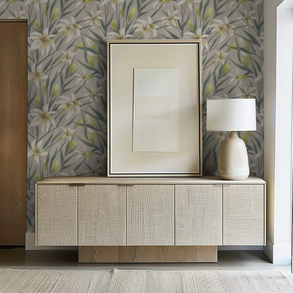 Papier peint Lys crème avec feuilles sur fond gris-beige a00837