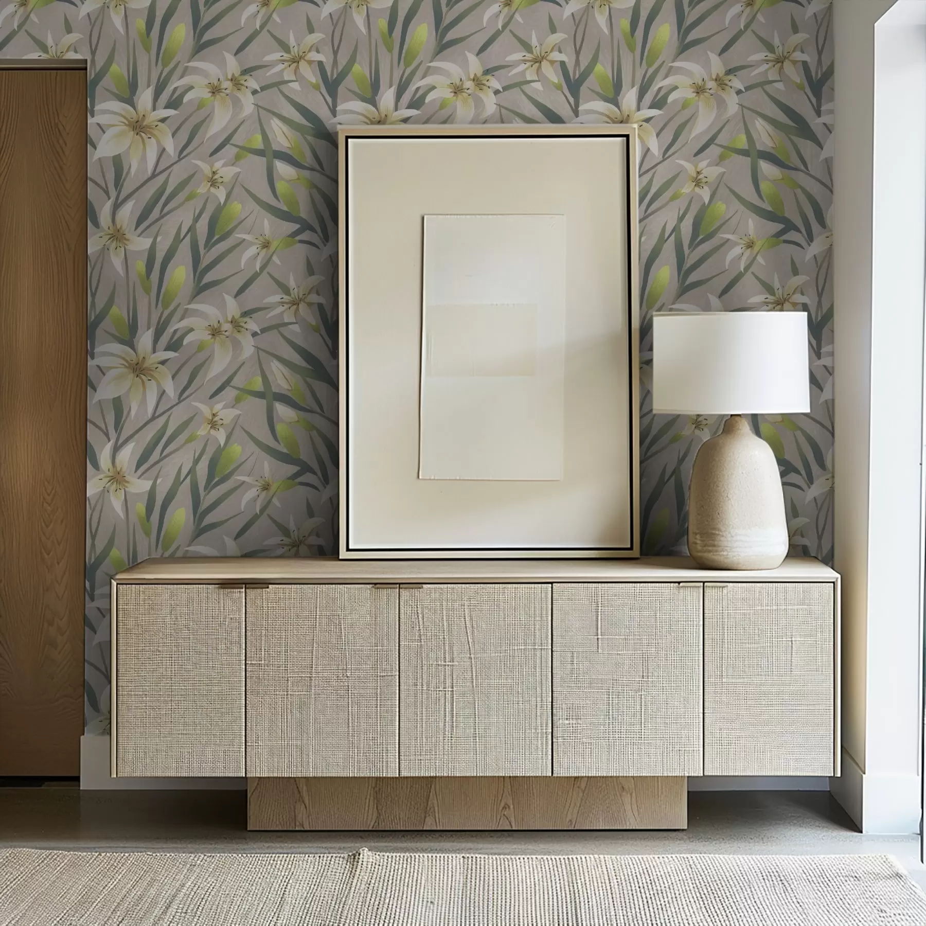 peintures murales Lys crème avec feuilles sur fond gris-beige a00837