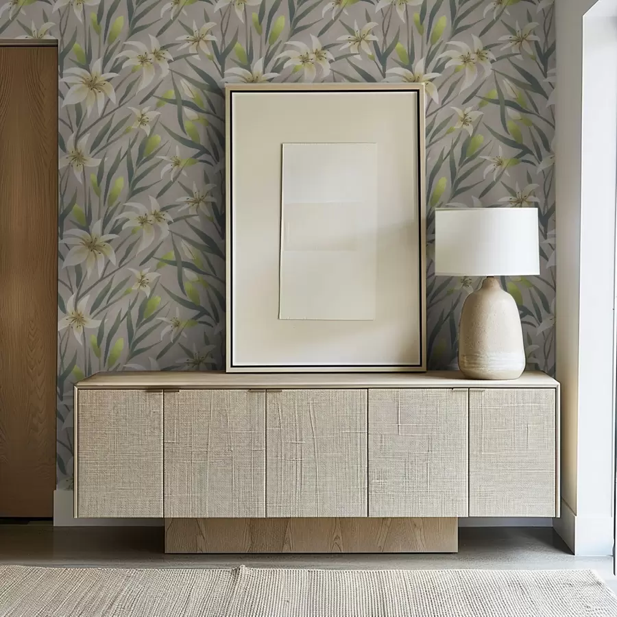 wall murals Cream lilies with leaves on gray-beige background a00837