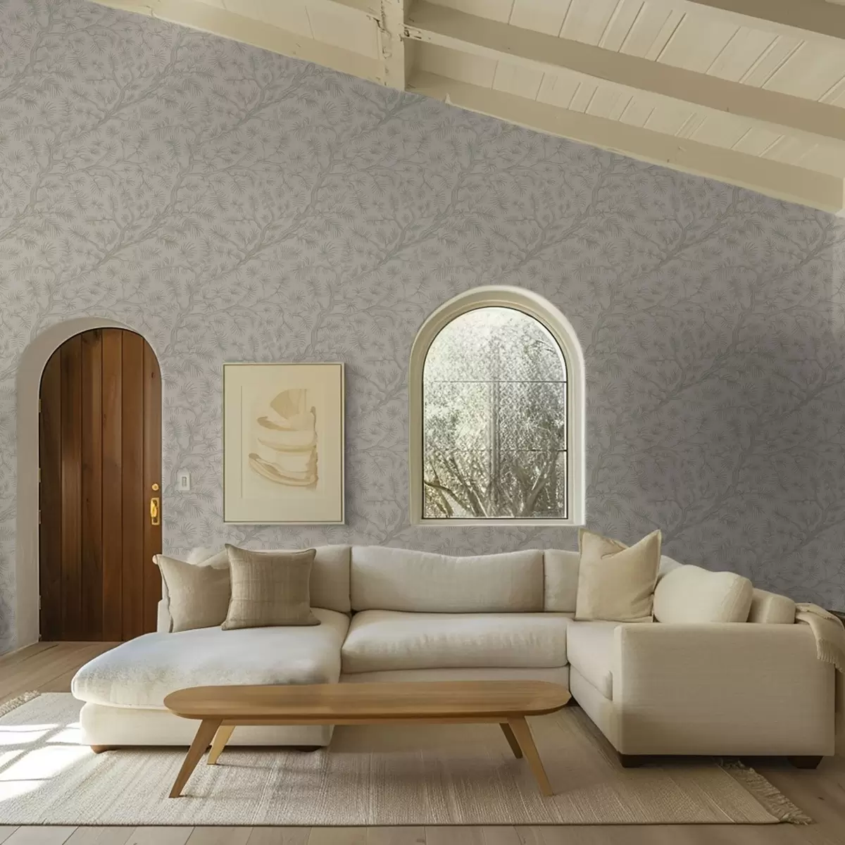 Wallpaper Pine branches in light green tones on beige background a00838v1