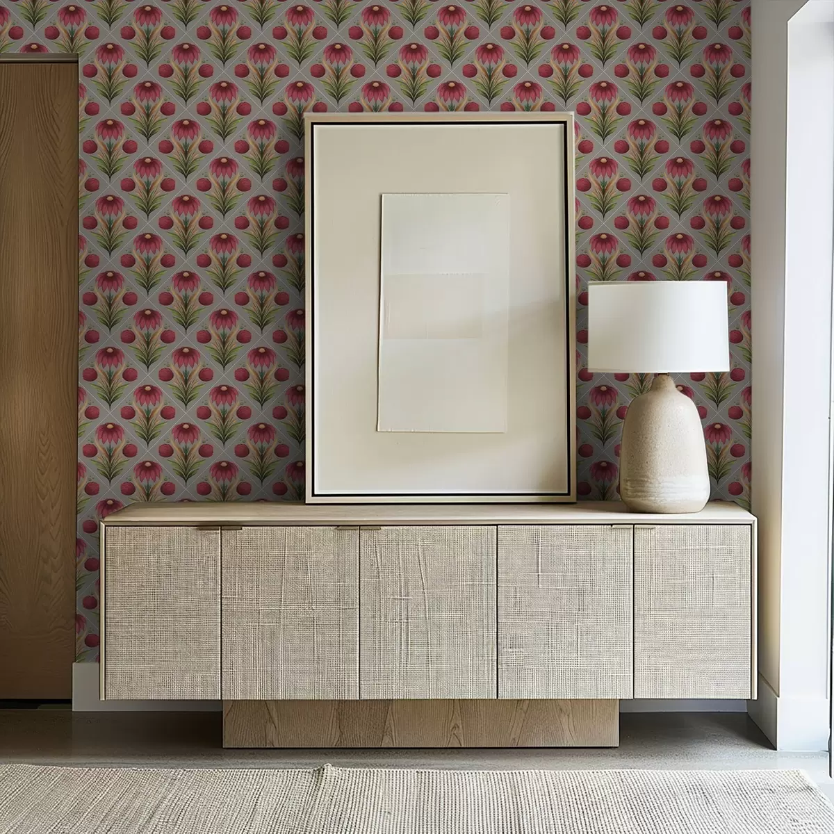 Papier peint Ornement floral symétrique sur fond gris avec diagonales a00869