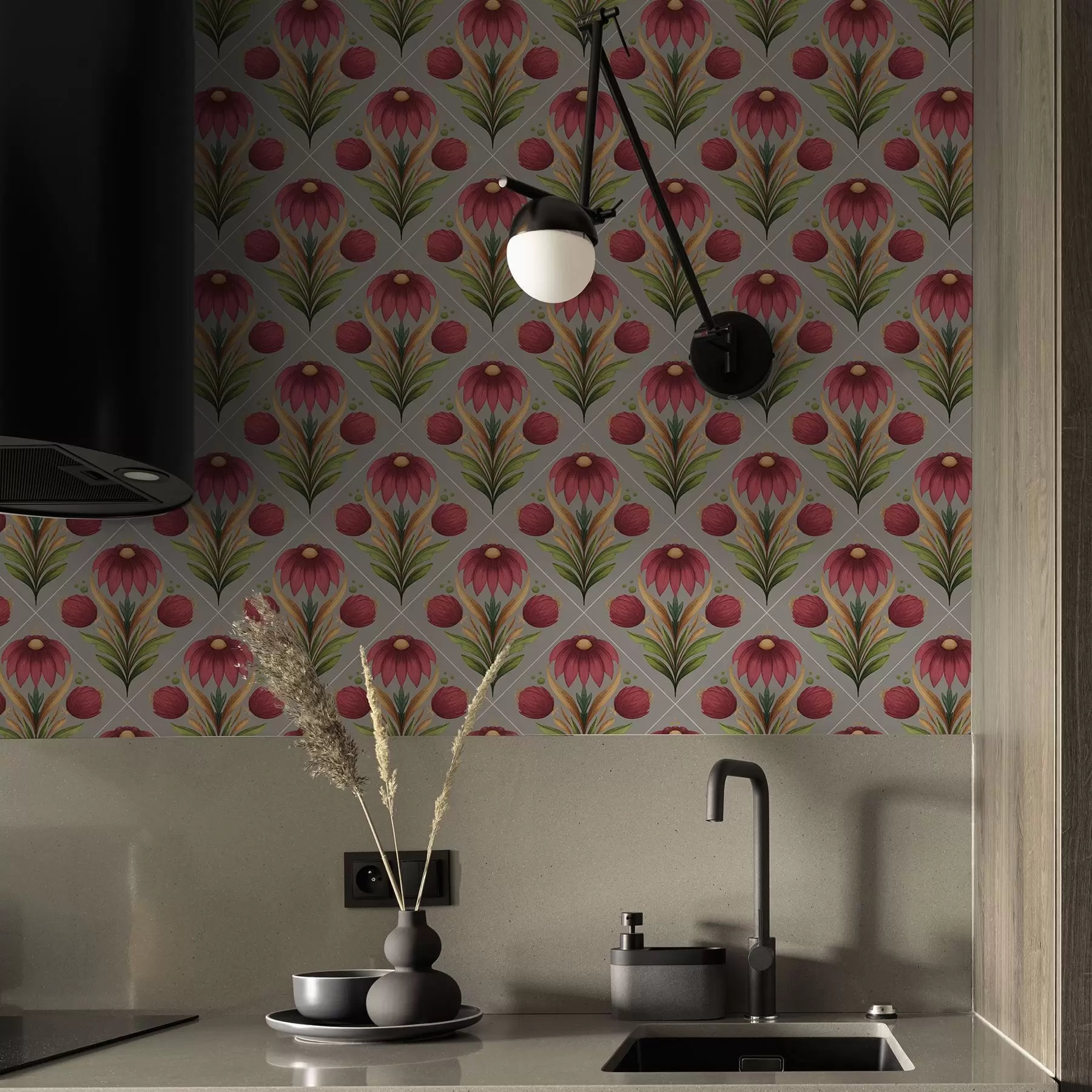 peintures murales Ornement floral symétrique sur fond gris avec diagonales a00869