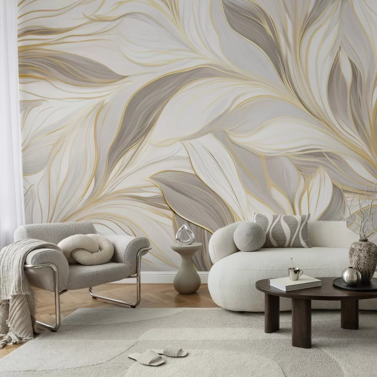 Wall Mural Photo Wallpaper Leaves with smooth curves in light beige-gray tones w04609