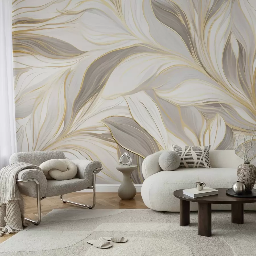 Wall Mural Photo Wallpaper Leaves with smooth curves in light beige-gray tones w04609