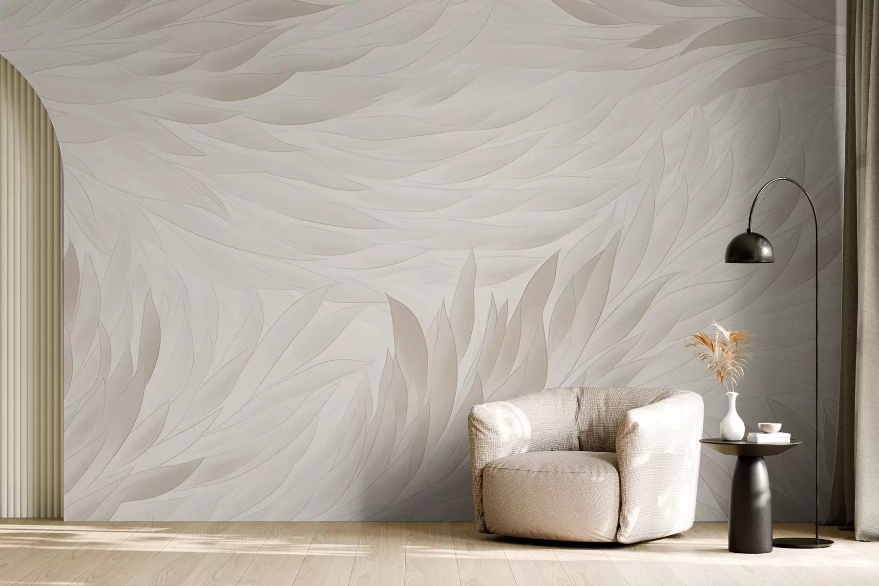 Wall Mural Photo Wallpaper Wavy leaves in soft cream shades w04610