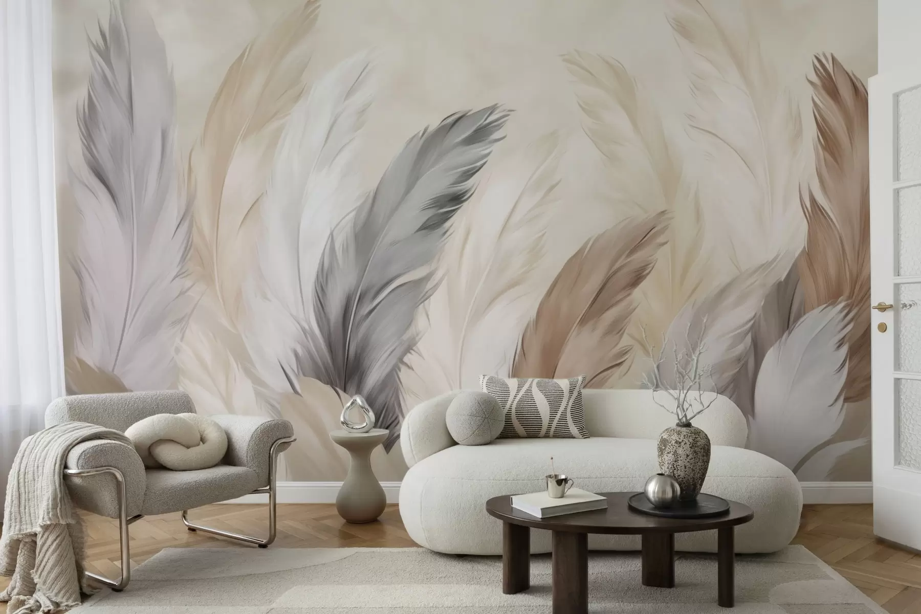 murales Plumas suaves y esponjosas en una cálida paleta de colores neutros w04736