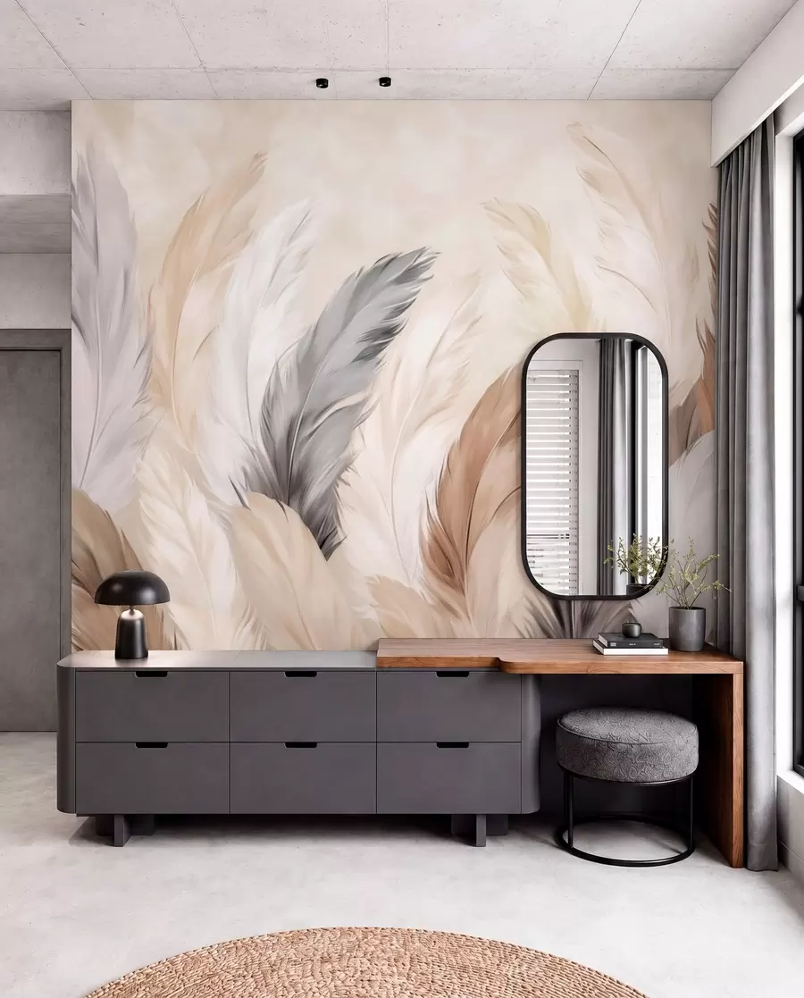 wall murals Soft fluffy feathers in a warm neutral palette w04736