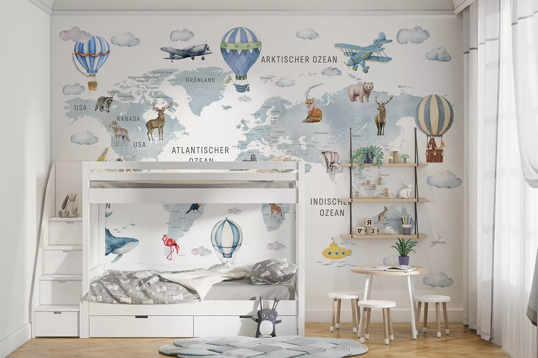 peintures murales Carte de style aquarelle pour enfants avec des animaux et des montgolfières. En allemand. Couleur bleue. c00001dev1