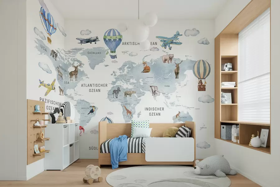 wall murals Children's map in watercolour style with animals and hot air balloons. German language. Blue colour. c00001dev1