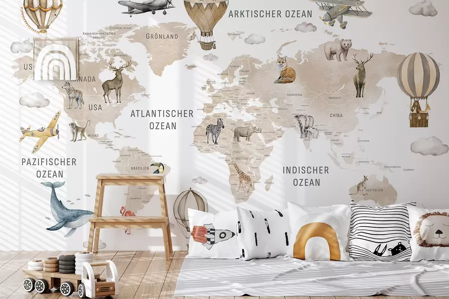 wall murals Children's map in watercolour style with animals and hot air balloons. German language. Beige colour. c00001dev2
