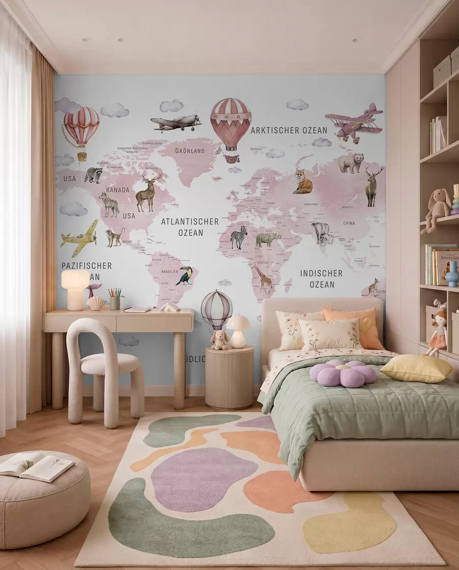 murales Mapa de estilo acuarela para niños con animales y globos aerostáticos. Idioma alemán. Color rosa. c00001dev3