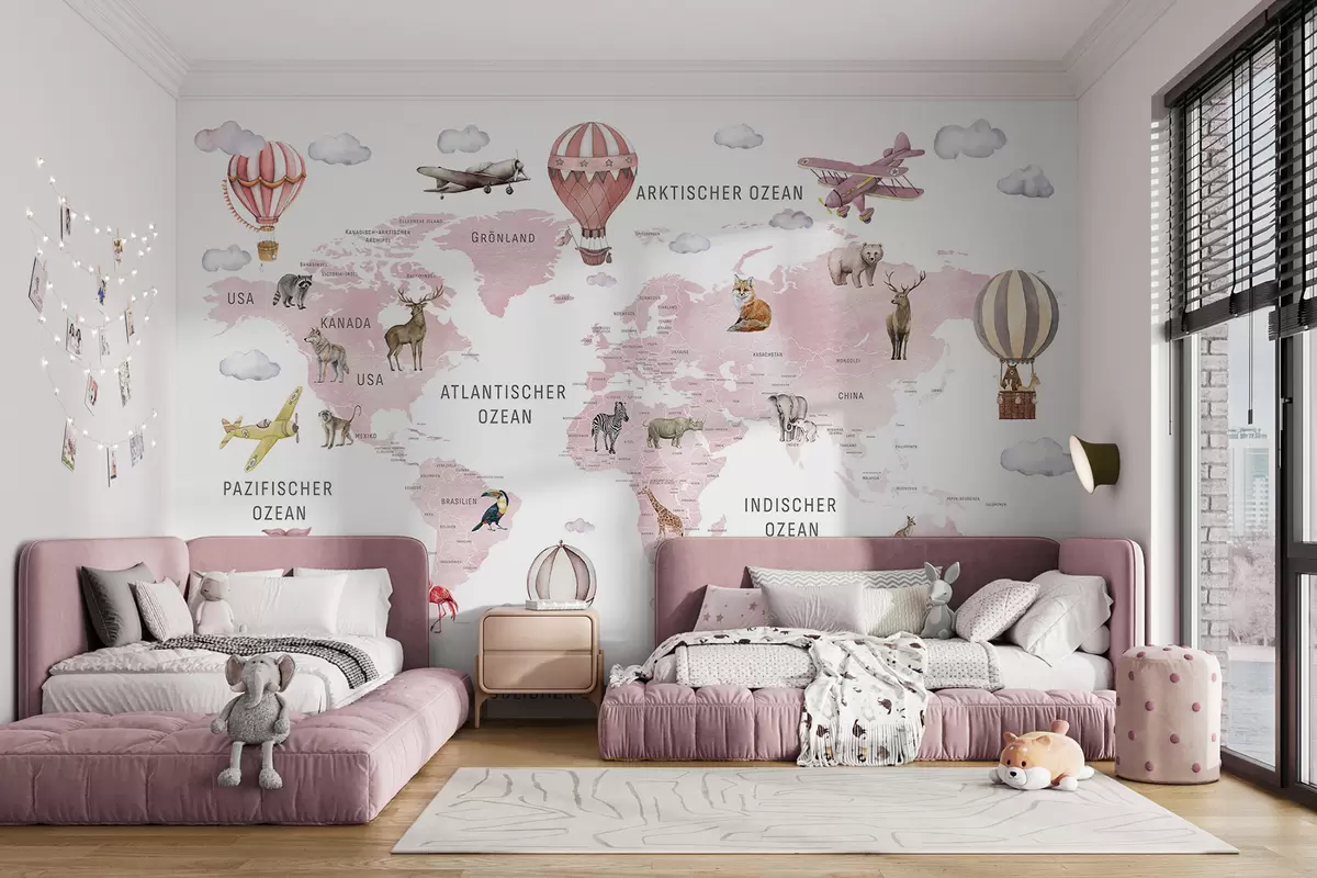 wall murals Children's map in watercolour style with animals and hot air balloons. German language. Pink colour. c00001dev3
