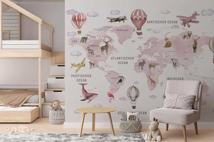 Wall Mural Photo Wallpaper Children's map in watercolour style with animals and hot air balloons. German language. Pink colour. c00001dev3