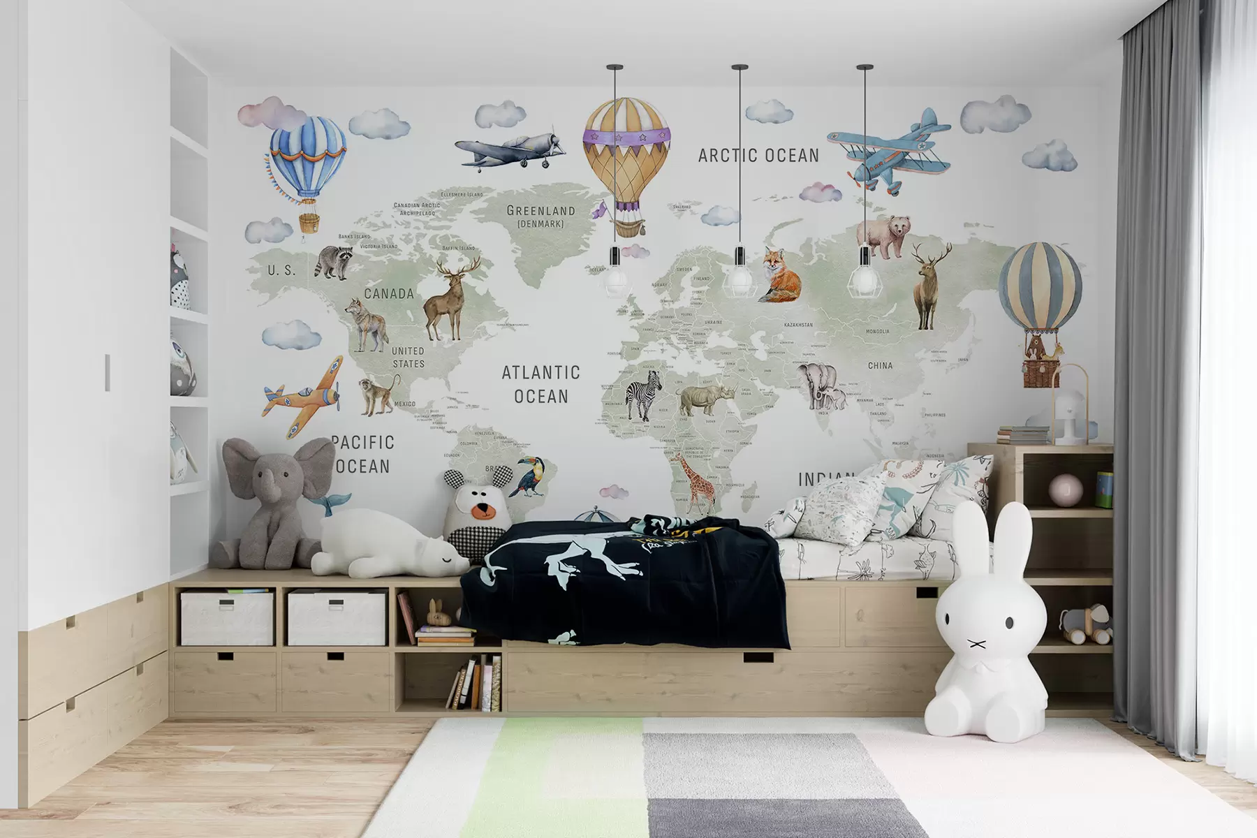murales Mapa infantil en estilo acuarela con animales y globos aerostáticos. En inglés. Color verde c00001en