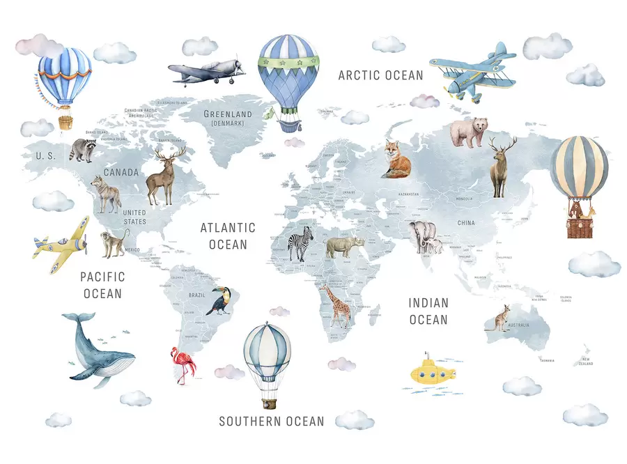 wall murals Watercolor-style map for children with animals and hot air balloons. English language. Blue color c00001env1