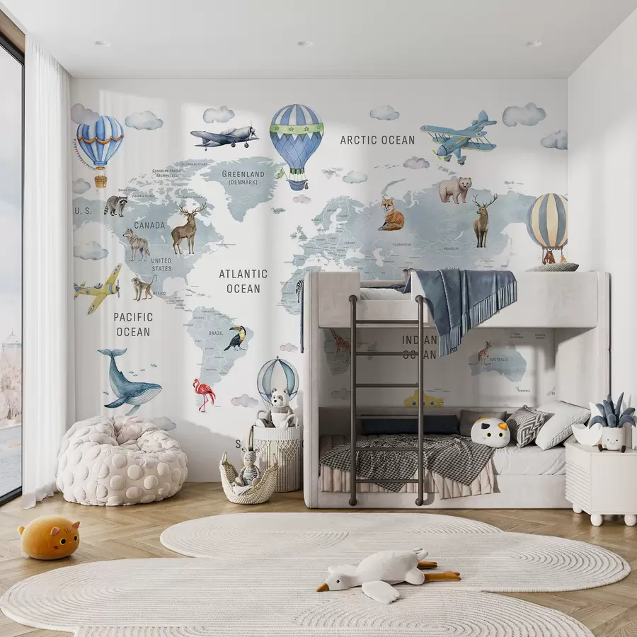 wall murals Children's map in watercolour style with animals and hot air balloons. English language. Blue colour c00001env1