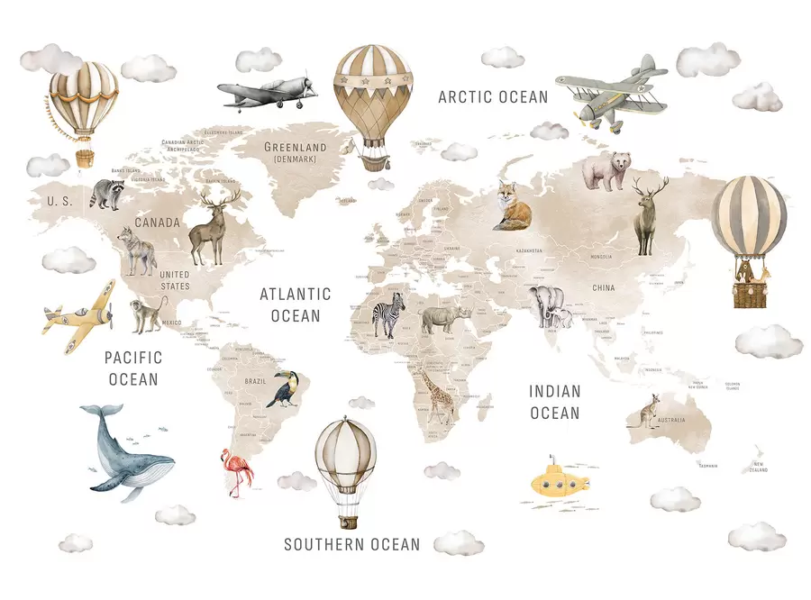 murais de parede Mapa em estilo aquarela para crianças com animais e balões de ar quente. Em inglês. Cor bege. c00001env2