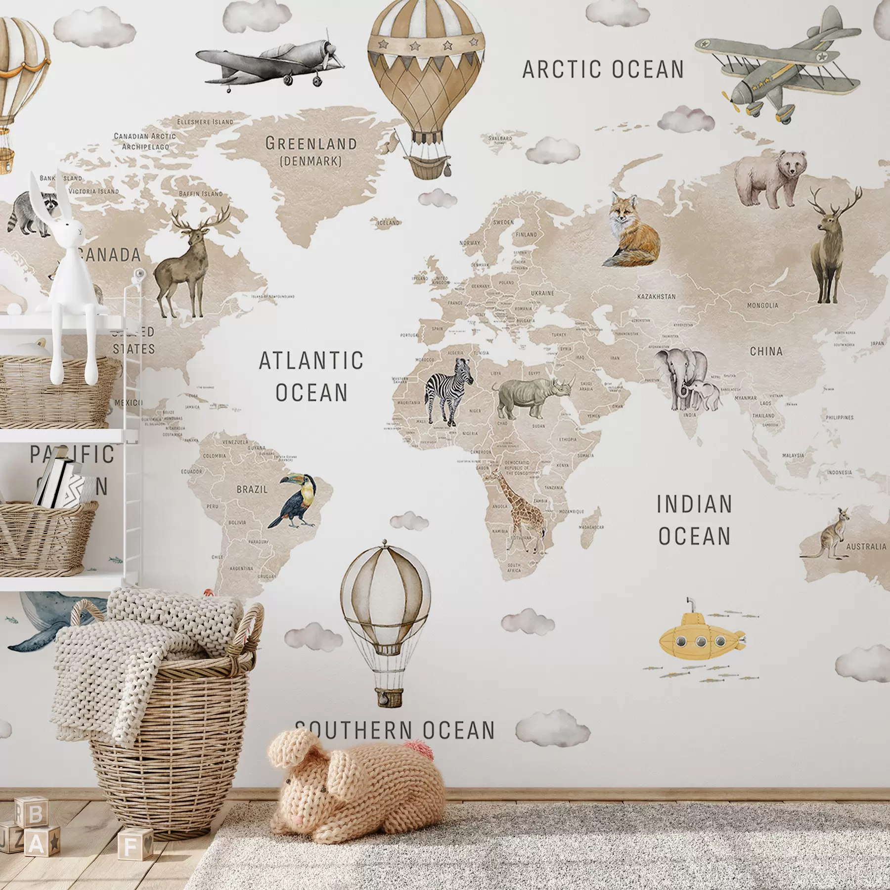 wall murals Watercolor-style map for children with animals and hot air balloons. English language. Beige color c00001env2