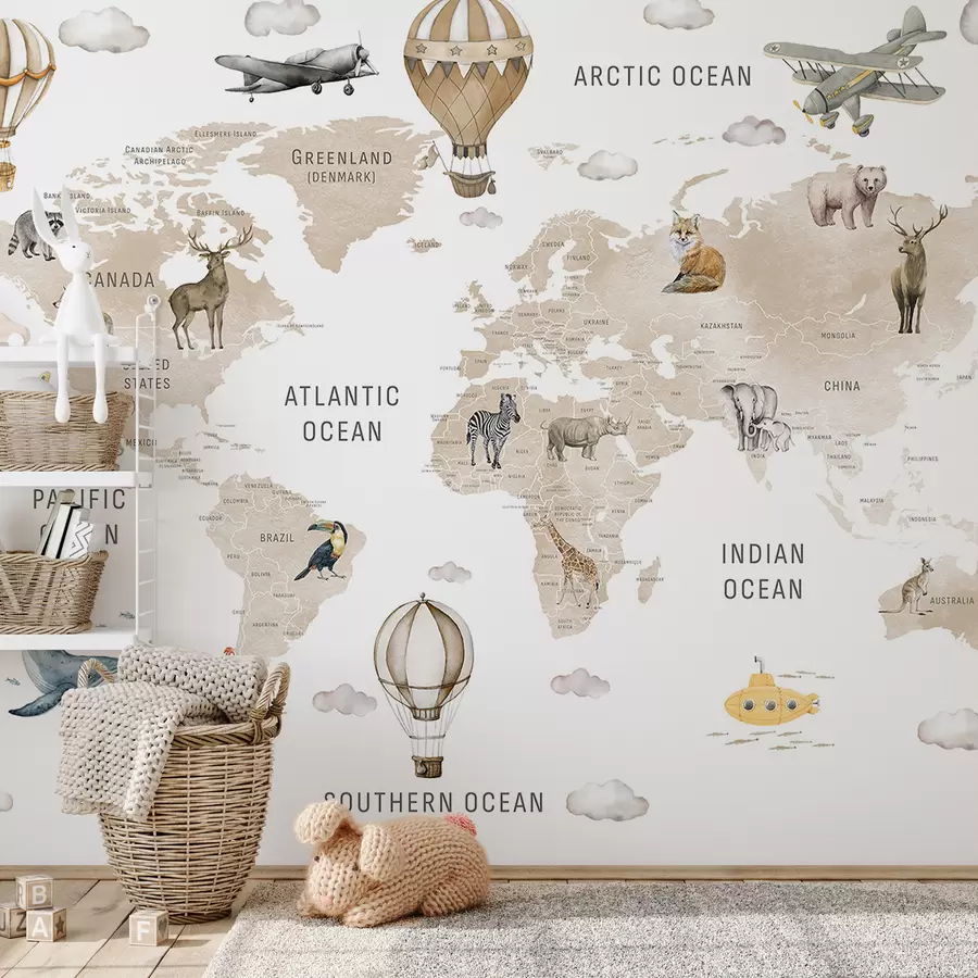 murais de parede Mapa em estilo aquarela para crianças com animais e balões de ar quente. Em inglês. Cor bege. c00001env2