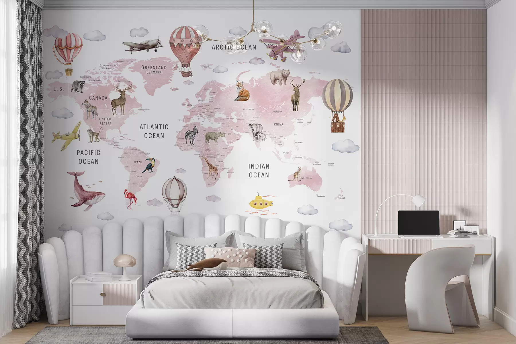 wall murals Watercolor-style map for children with animals and hot air balloons. English language. Pink c00001env3