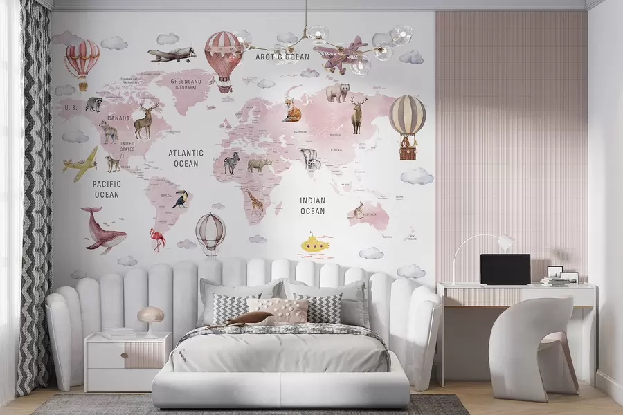 Wall Mural Photo Wallpaper Children's map in watercolour style with animals and hot air balloons. English language. Pink colour. c00001env3