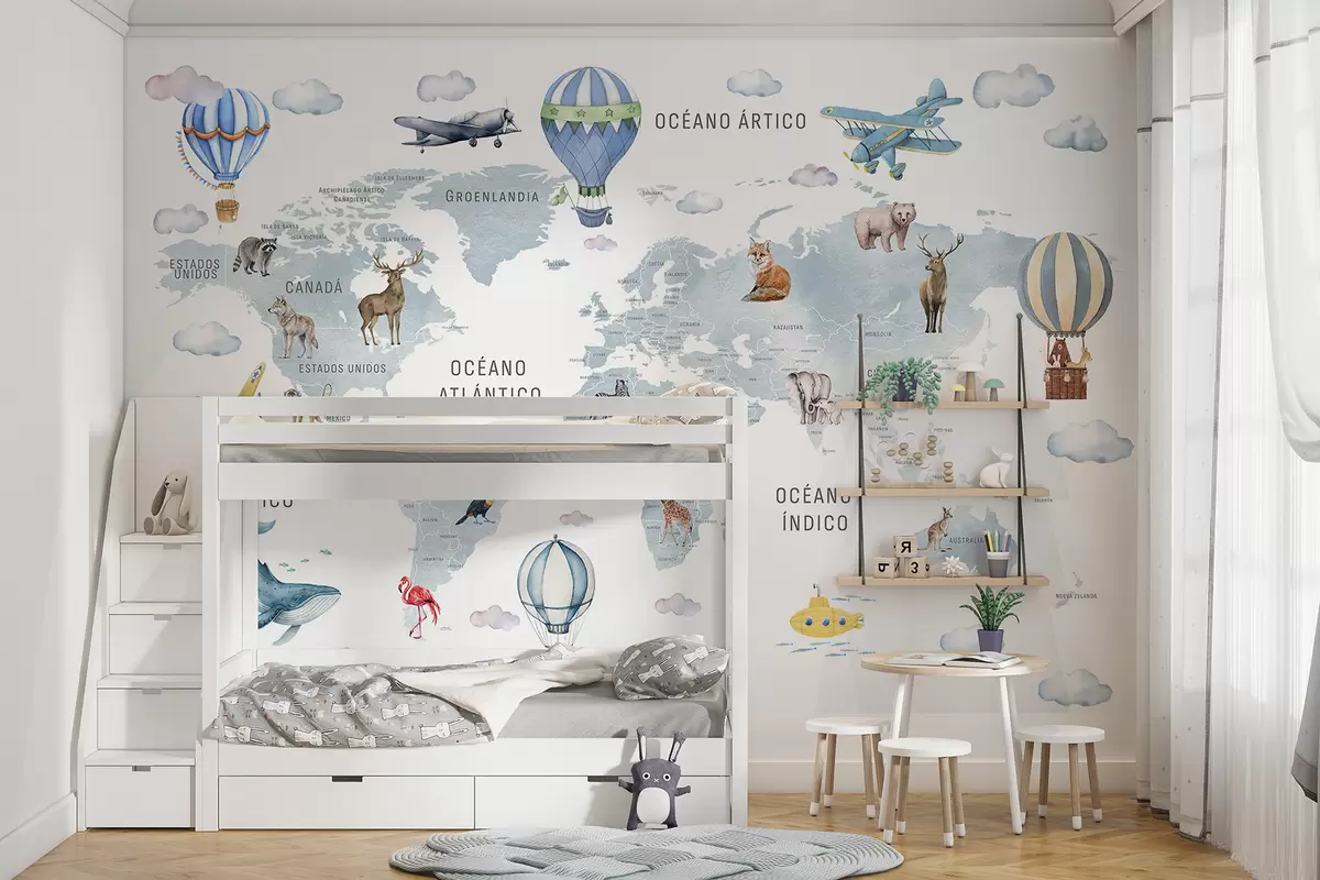 wall murals Children's map in watercolour style with animals and hot air balloons. Spanish language. Blue colour. c00001esv1