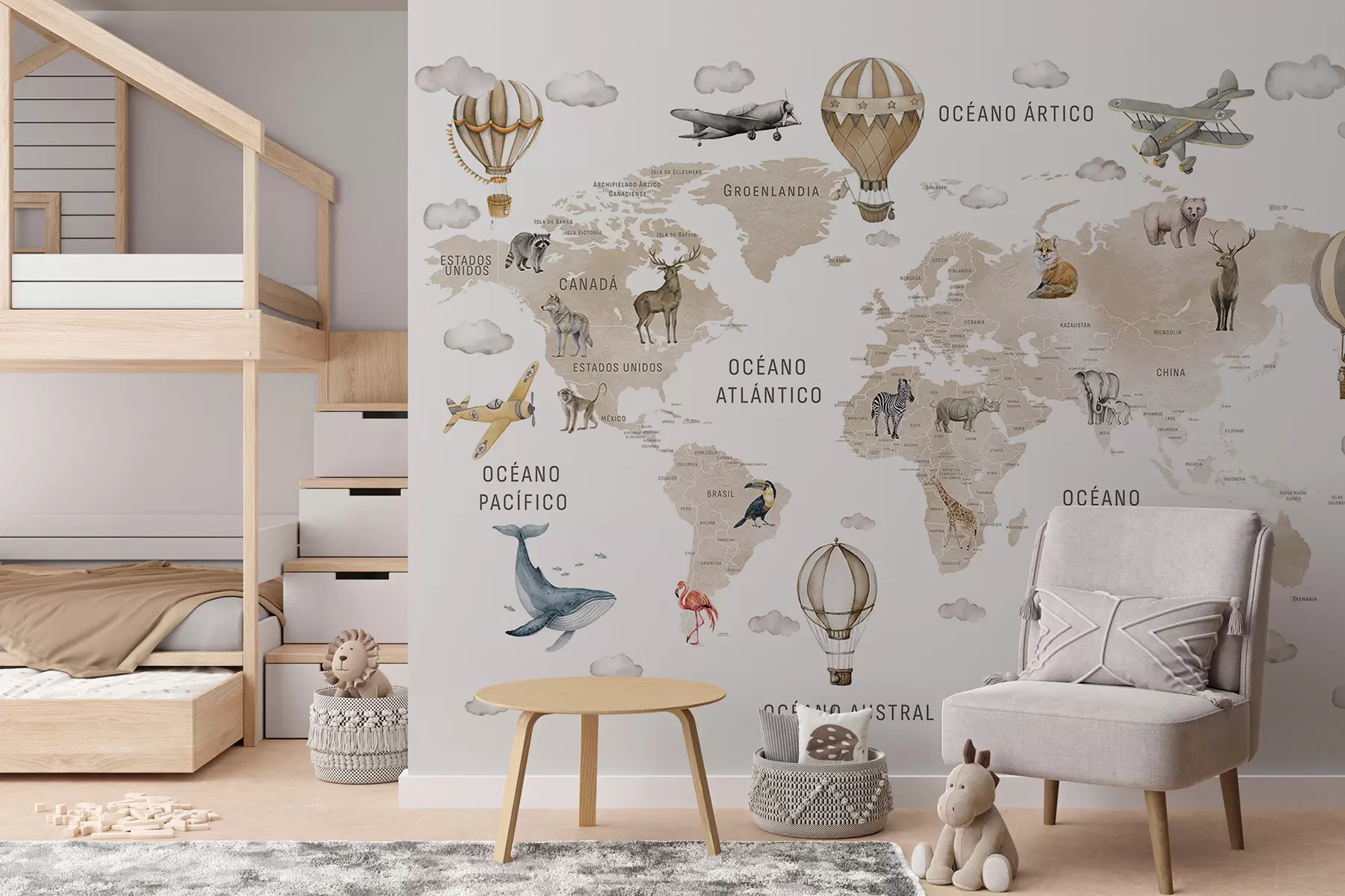 wall murals Watercolor-style map for children featuring animals and hot air balloons. Spanish language. Beige c00001esv2