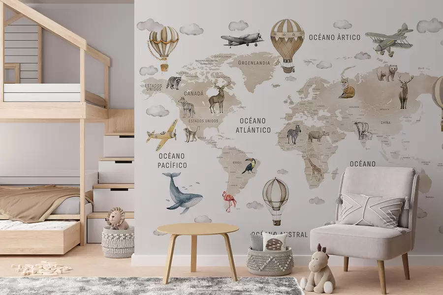 Wall Mural Photo Wallpaper Children's map in watercolour style with animals and hot air balloons. Spanish language. Beige colour. c00001esv2