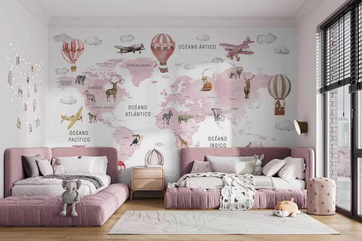 Wall Mural Photo Wallpaper Children's map in watercolour style with animals and hot air balloons. Spanish language. Pink colour. c00001esv3