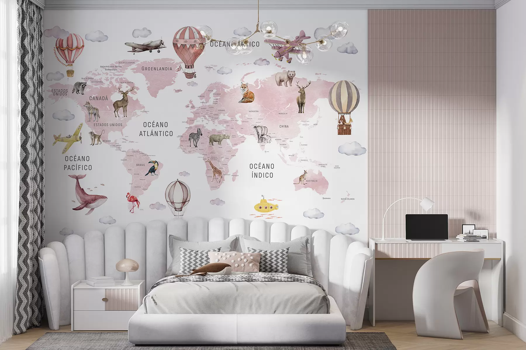 wall murals Children's map in watercolour style with animals and hot air balloons. Spanish language. Pink colour c00001esv3