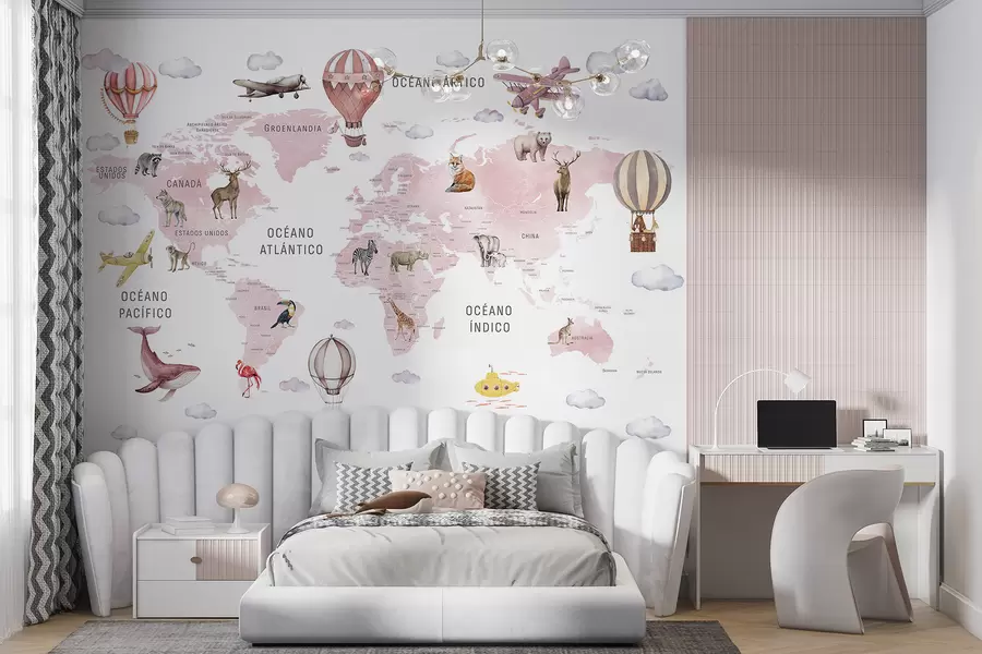 wall murals Children's map in watercolour style with animals and hot air balloons. Spanish language. Pink colour. c00001esv3